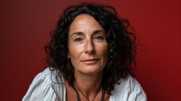 Foto una mujer con el cabello rizado y un fondo rojo