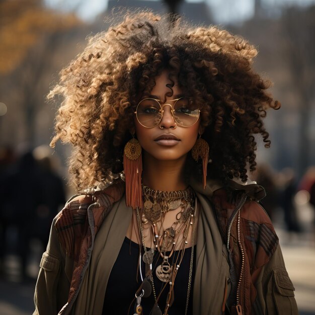 una mujer con cabello rizado y gafas está usando una chaqueta marrón con pendientes de oro