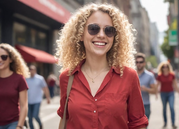 una mujer con cabello rizado y gafas de sol está caminando por la calle