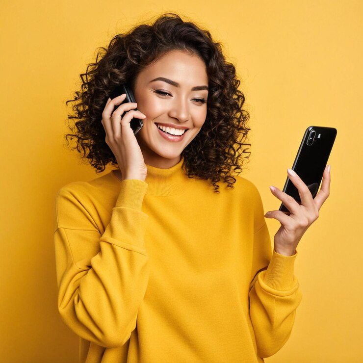 una mujer con el cabello rizado hablando en un teléfono y un fondo amarillo