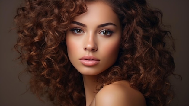 Mujer con cabello rizado y hermoso maquillaje