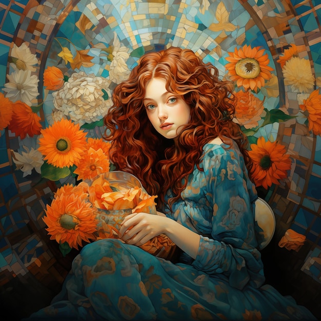 Una mujer de cabello rizado ilustraciones muy detalladas colorido mosaico arte girasol