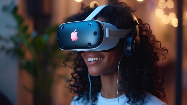 Una mujer de cabello rizado se involucra con la tecnología Apple Vision Pro VR en un entorno ambiental