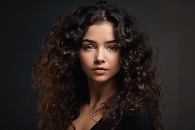 Una mujer con cabello rizado mira a la cámara.