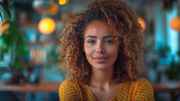 Mujer con cabello rizado mirando a la cámara AI generativa