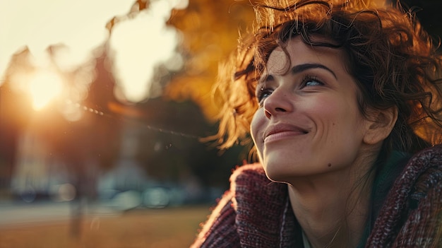 Mujer con el cabello rizado mirando hacia el cielo