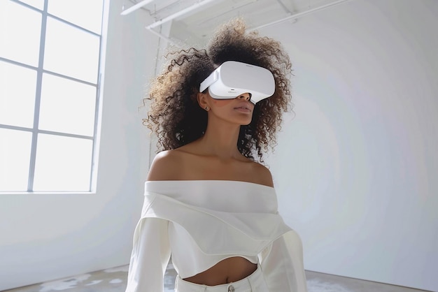 Mujer con cabello rizado mirando a su alrededor en gafas de realidad virtual en una habitación blanca