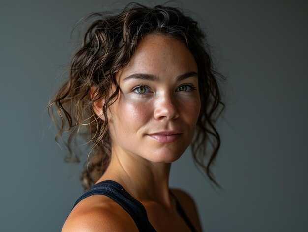 Foto una mujer con el cabello rizado y los ojos azules