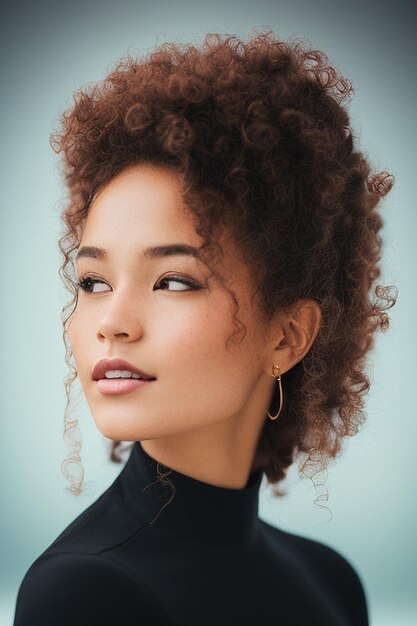 Foto una mujer con el cabello rizado y un pendiente de oro