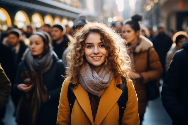 una mujer con el cabello rizado de pie en el medio de una multitud