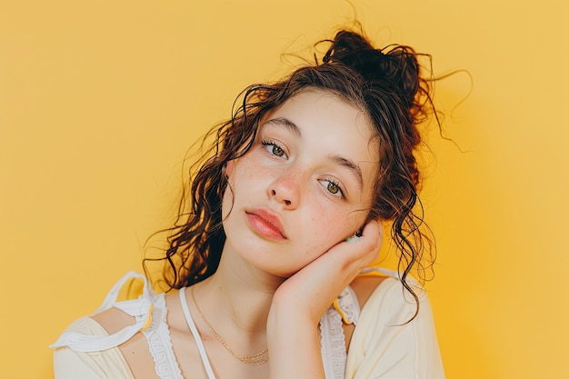 Mujer con el cabello rizado posando para la foto