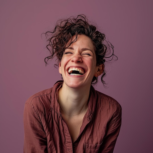 Foto una mujer con cabello rizado riendo frente a un fondo morado