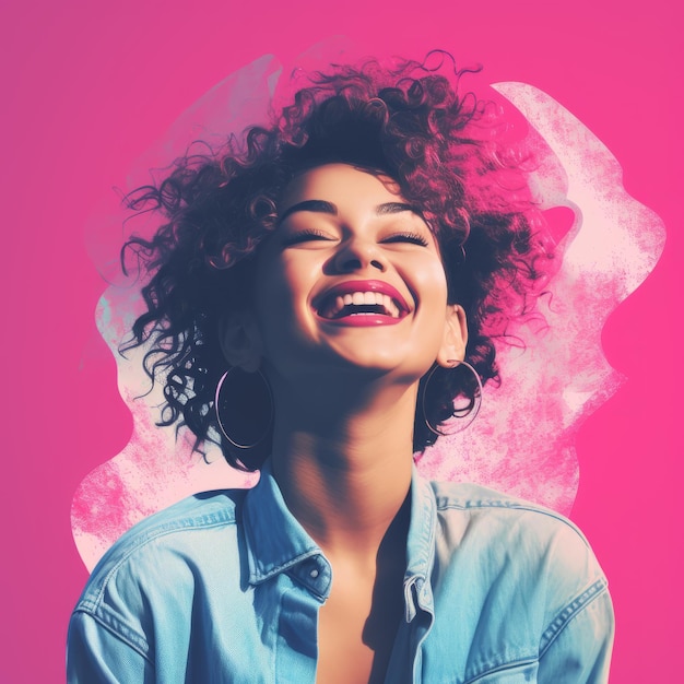 una mujer con cabello rizado riendo y sonriendo