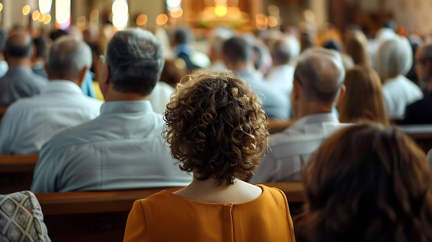 Foto una mujer con el cabello rizado se sienta en un banco de la iglesia el enfoque está en la parte de atrás de su cabeza