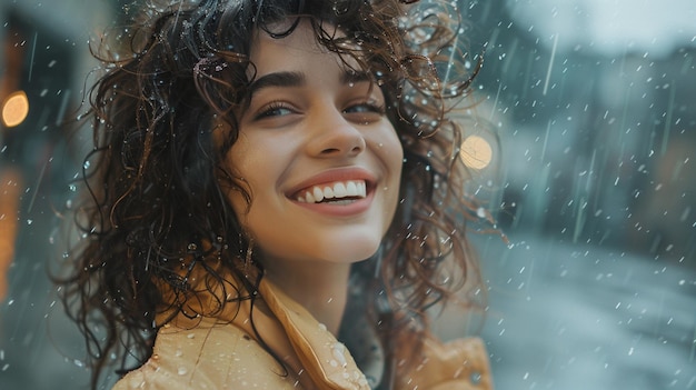 Foto una mujer con el cabello rizado sonríe en la nieve