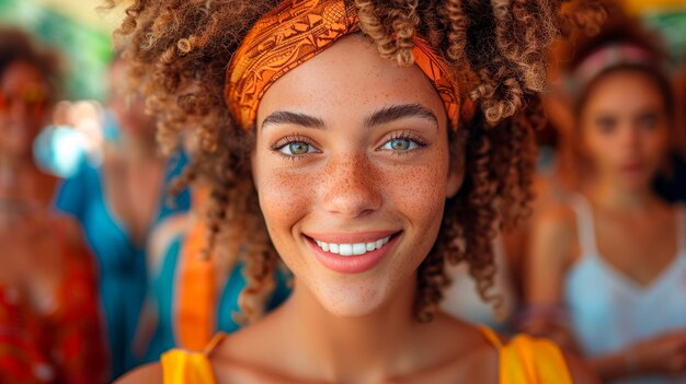 Mujer con cabello rizado sonriendo a la cámara IA generativa