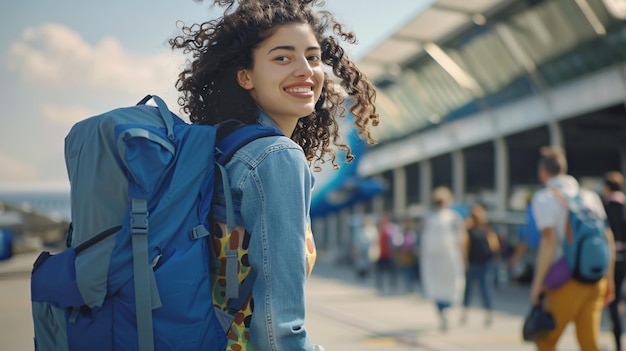 Foto una mujer con cabello rizado está sonriendo y llevando una mochila