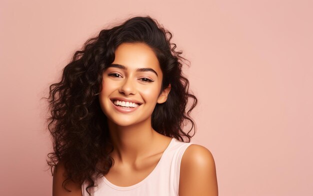 Foto una mujer con el cabello rizado sonriendo y posando para una foto