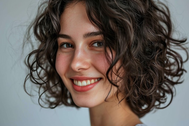 Mujer de cabello rizado con sonrisa agradable y peinado ondulado corto