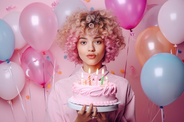 una mujer con el cabello rizado sosteniendo un pastel