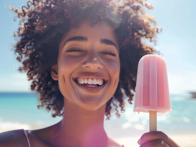 Foto una mujer con el cabello rizado sostiene un palo de helado rosa