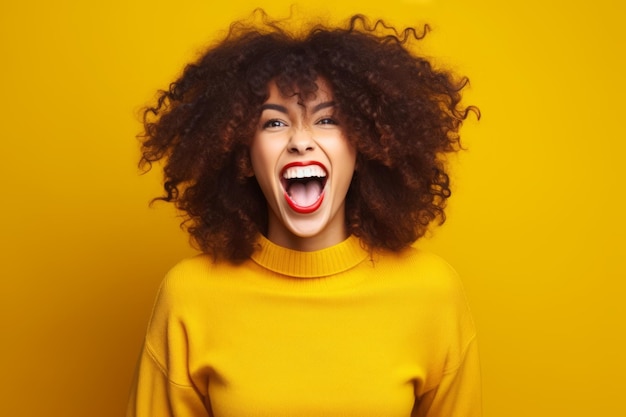 Mujer con cabello rizado y suéter amarillo está haciendo cara graciosa IA generativa