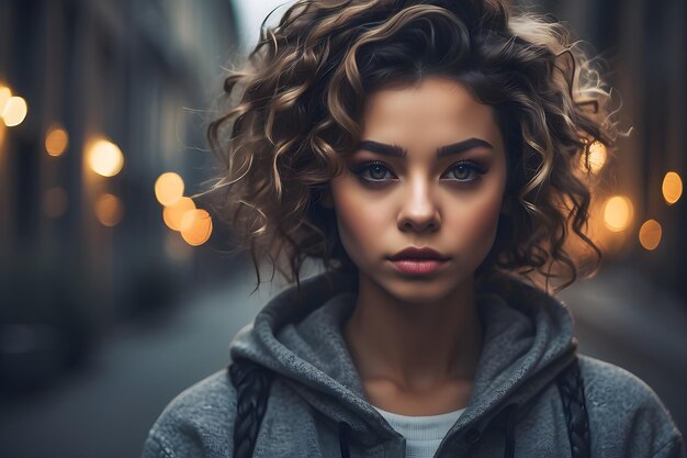 Foto una mujer con el cabello rizado y un suéter en el frente