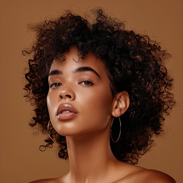 una mujer con cabello rizado y una tapa negra con un logotipo blanco en el frente