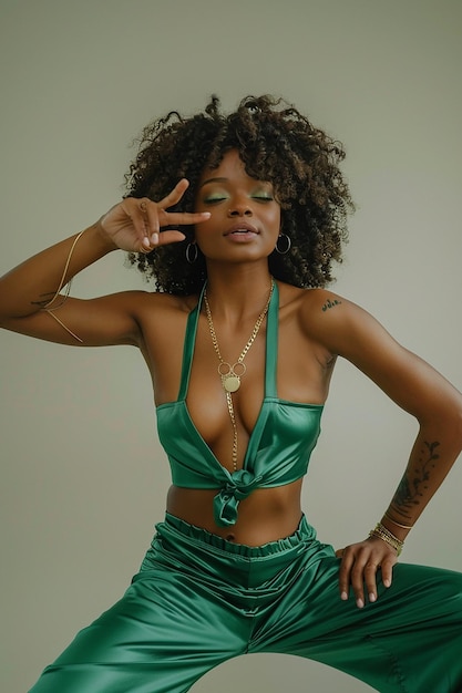 Foto una mujer con cabello rizado y un vestido verde está posando para una foto