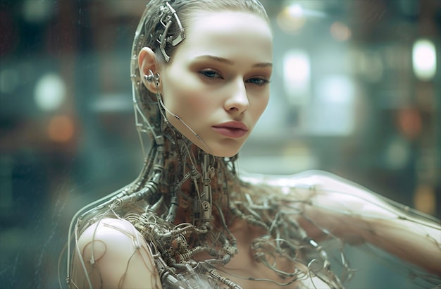 Una mujer con cabello de robot y una pared de vidrio detrás de ella.