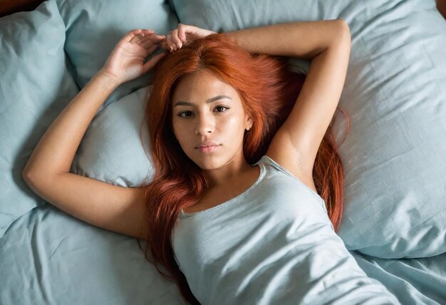 Foto una mujer de cabello rojo acostada en una cama con una camisa gris en la cabeza