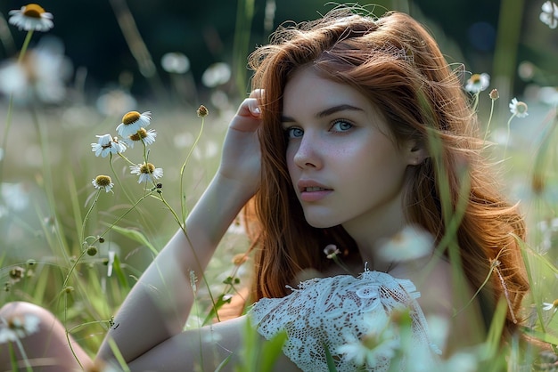 una mujer de cabello rojo acostada en un campo de flores silvestres