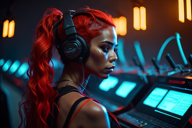 Foto una mujer de cabello rojo con auriculares y un auricular con las palabras 