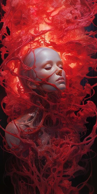 una mujer con el cabello rojo y una cabeza de pelo rojo está cubierta de pintura roja