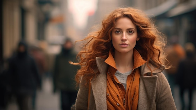 Foto una mujer de cabello rojo caminando por una calle