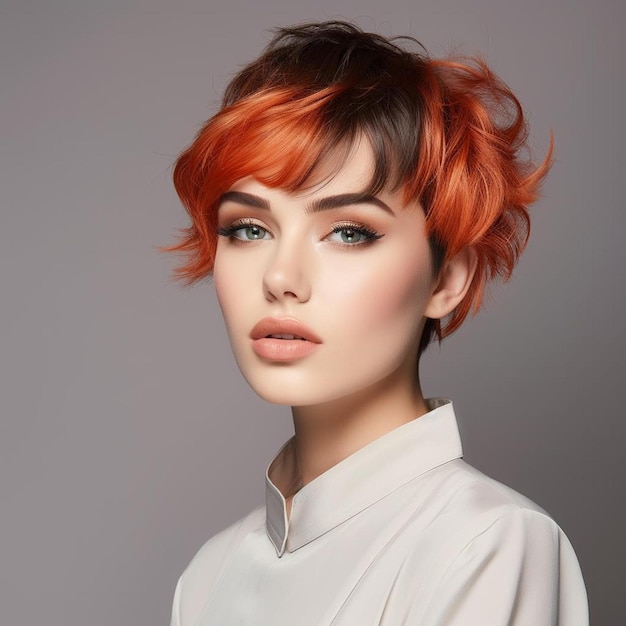 una mujer con el cabello rojo y una camisa blanca con una camiseta blanca en ella