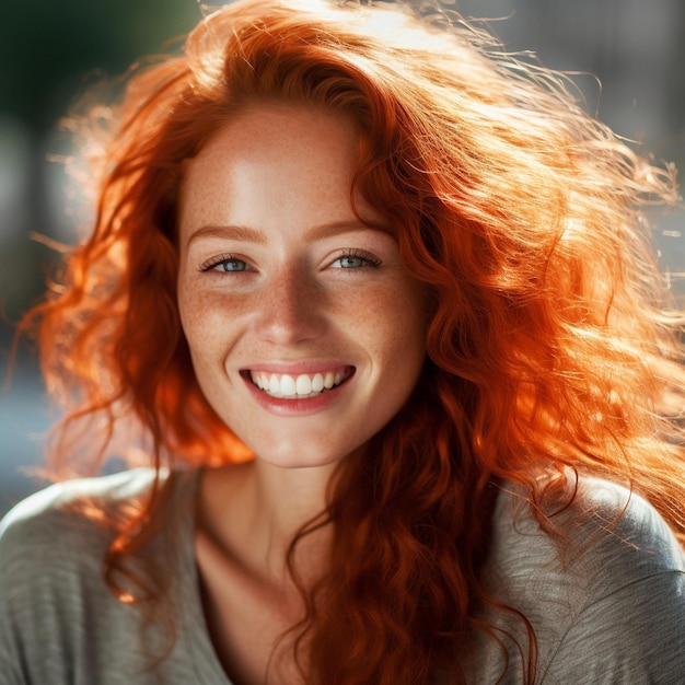 una mujer de cabello rojo y una camisa gris con un cuello blanco