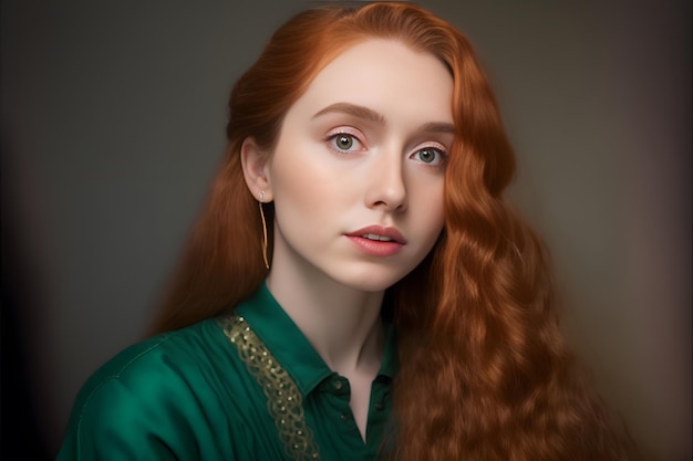 Una mujer con cabello rojo y camisa verde.