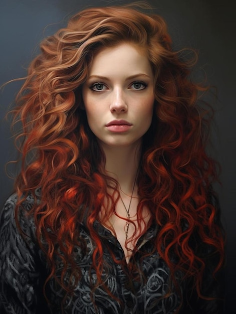 Una mujer con el cabello rojo y una camiseta negra tiene el cabello largo y rizado.