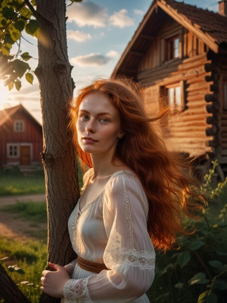 una mujer de cabello rojo está de pie frente a una casa de madera