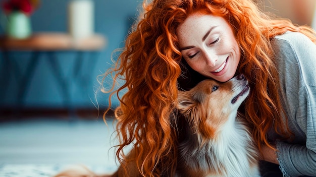 Una mujer de cabello rojo está sentada en el suelo con un perro blanco