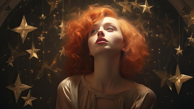 una mujer de cabello rojo y estrellas doradas sobre un fondo negro.