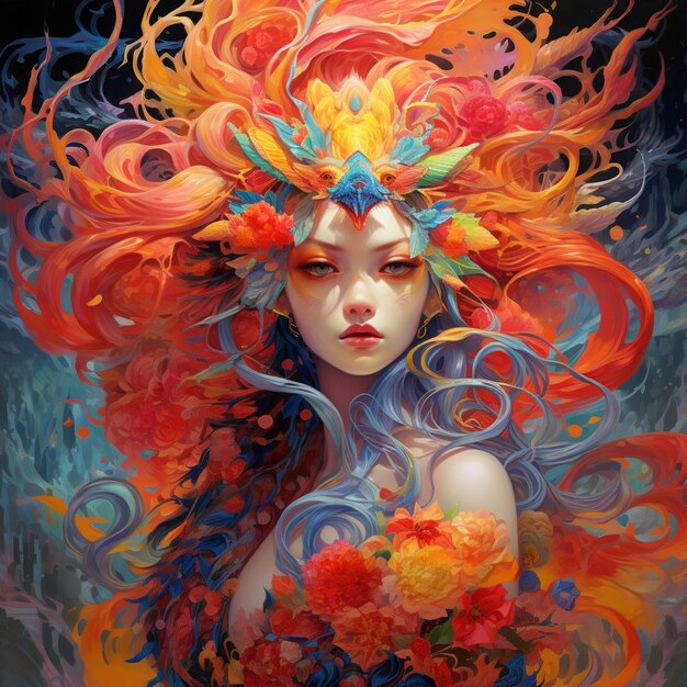 una mujer con cabello rojo y flores en su cabello generativo ai