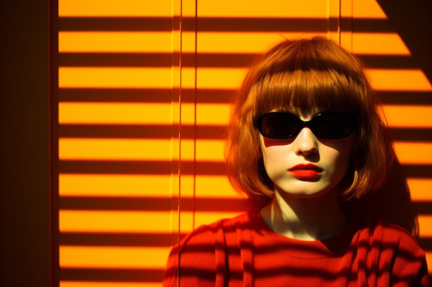 una mujer con el cabello rojo y gafas de sol de pie frente a una pared naranja