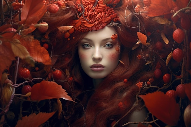 Una mujer con cabello rojo y hojas en la cabeza.