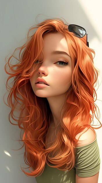 mujer de cabello rojo largo gafas de sol morena adolescente naranja linda inusualmente única belleza estructura ósea