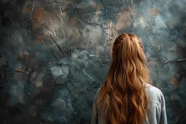 Una mujer con el cabello rojo largo de pie frente a una pared