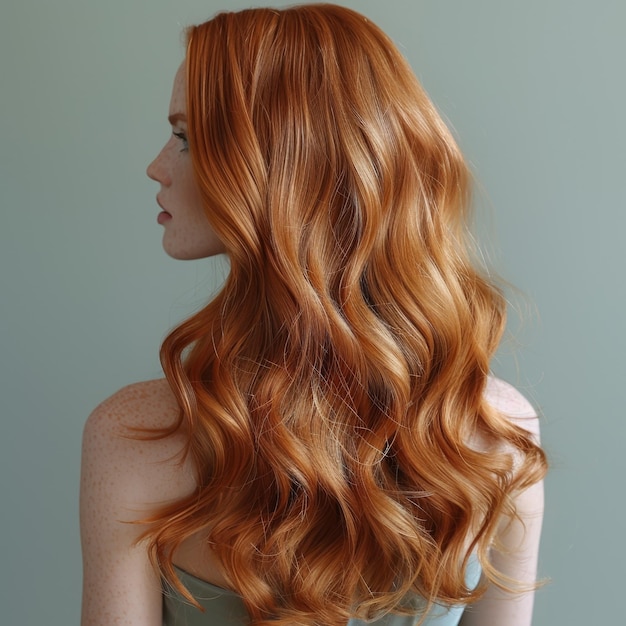 Mujer con cabello rojo largo y vestido azul