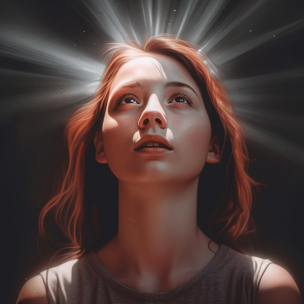 Una mujer con cabello rojo y una luz brillando a través de sus ojos.