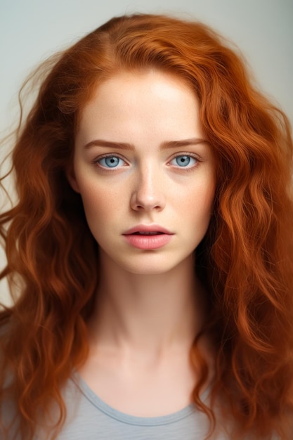 Una mujer de cabello rojo y ojos azules está mirando a la cámara AI generativa